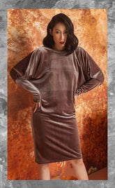 Elegant velvet midi dress with draped dolman sleeves and soft stretch finish for evening wear